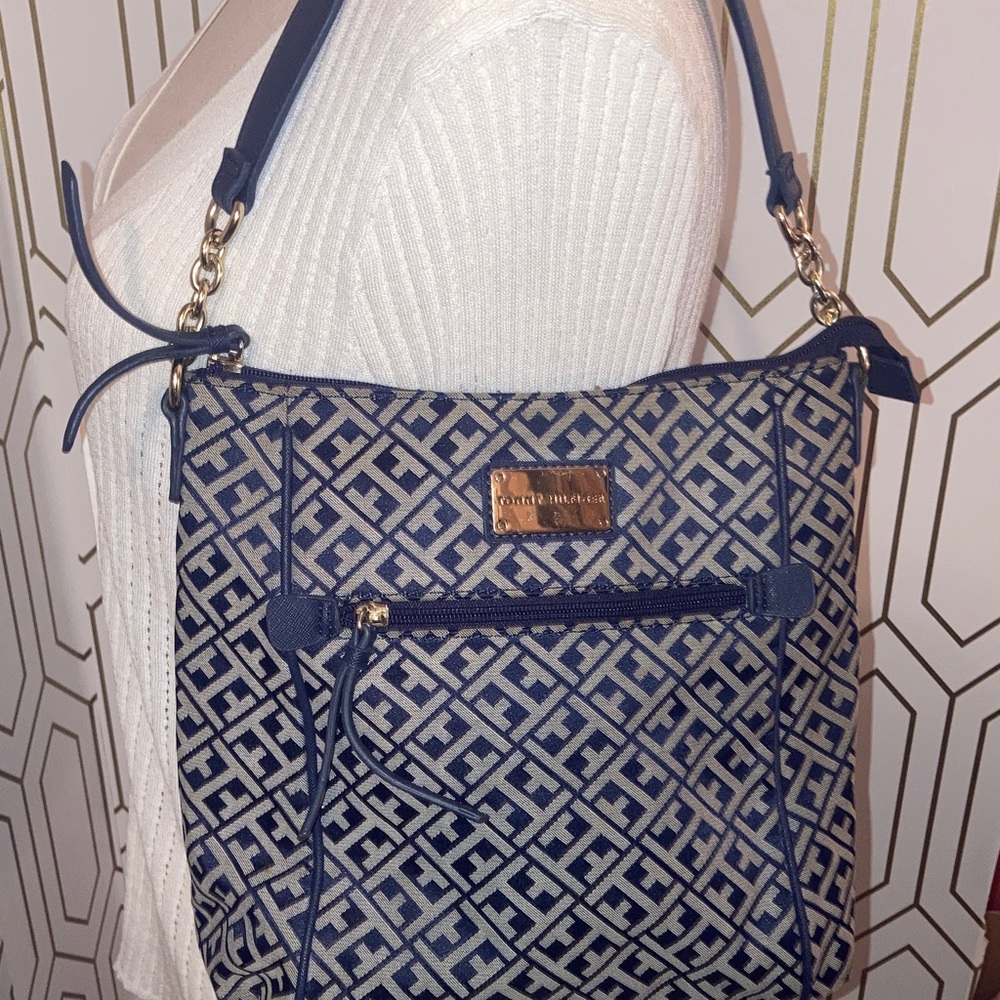 Tommy  Hilfiger Navy Blue / Beige Embossed Allover Monogram  Shoulder Bag - Picture 12 of 14
